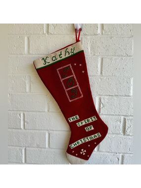 The Spirit of Christmas Red Joy Stocking for Kathy.  Cross Stitched Design Vtg